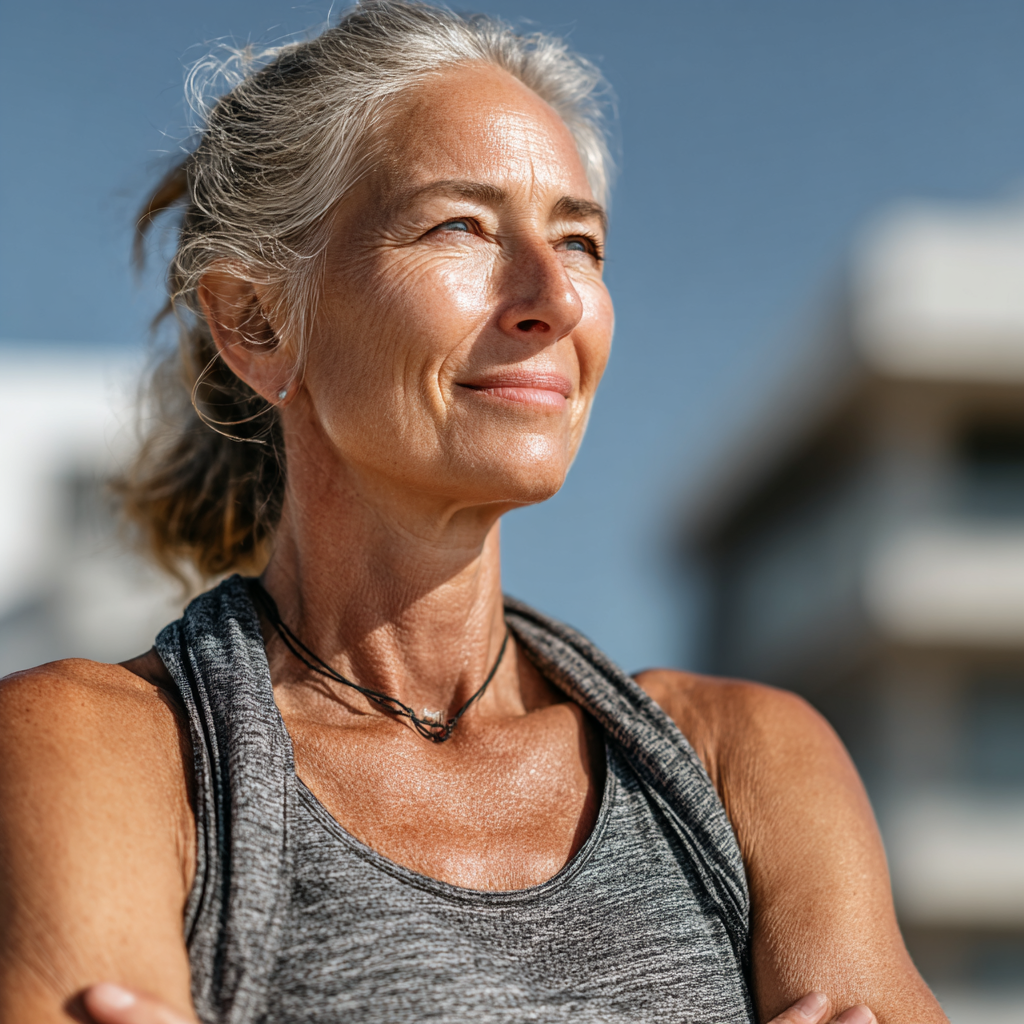 Confident mature woman in her 50s wearing athletic wear, standing outdoors with a peaceful expression after a morning workout session, representing health and vitality in middle age